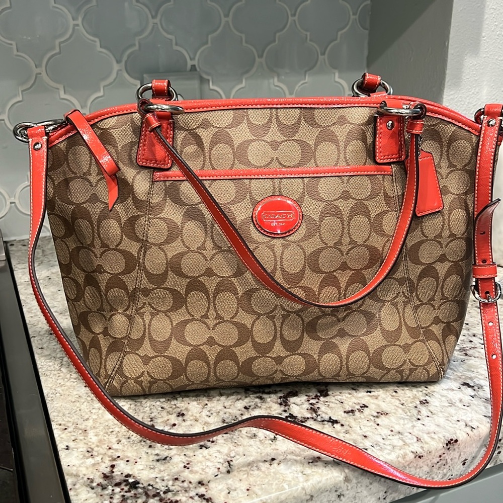 COACH Sig C design LARGE satchel w/ shoulder strap Brown w/coral trim VintageEUC